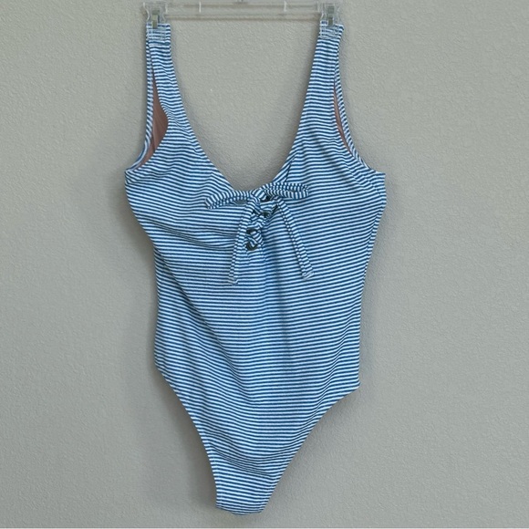 J.Crew Blue White Striped Lace-Up One-Piece Swimsuit Women’s Size 16 Open Back - Picture 1 of 7